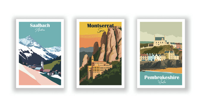Montserrat, Spain. Pembrokeshire, Wales. Saalbach, Austria - Vintage travel poster. High quality prints