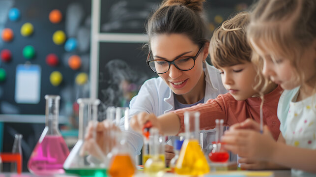 Female teacher teaches science experiments to kindergarten children in the classroom. Generative AI. - Powered by Adobe
