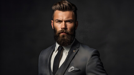 A man with a beard wearing a suit and tie, looking confident. cool and handsome, smart. Generative AI.