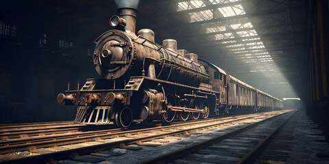 Train Museum Image, Retro steam train departs from the station - obrazy, fototapety, plakaty