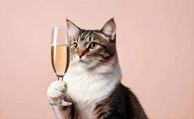 Cat holding a glass of champagne, minimalist style, pastel-hued backdrop, champagne bubbles glistening. Generative AI