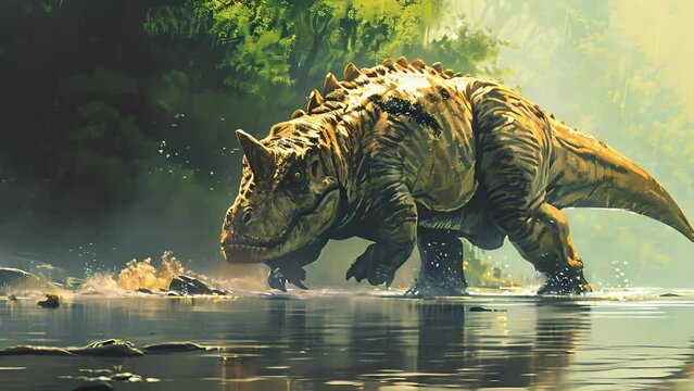A towering Carnotaurus wading through the shallow waters its distinctive horns and strong legs helping it navigate the uneven terrain.
