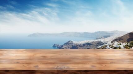 Wooden table or wooden floor for displaying goods on a mountain background, natural mountain landscape, a place for text