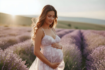 Fototapeta na wymiar Beautiful pregnant woman in a lavender field, expressing the joys and beauty of pregnancy and motherhood