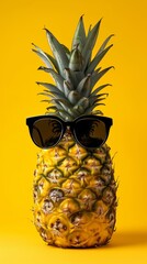 Pineapple Wearing Sunglasses on Yellow Background