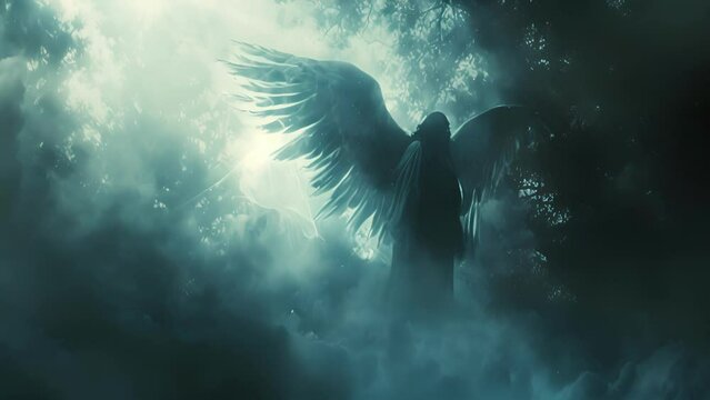A solitary angel robed in darkness floating above a sinister forest teeming with unknown energies.
