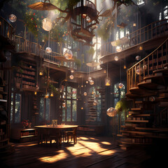 Fototapeta na wymiar Enchanted library with floating books.