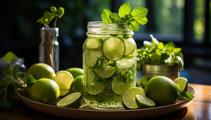 Refreshing summer mojito citrus fruit, mint leaf, ice, and alcohol generated by AI