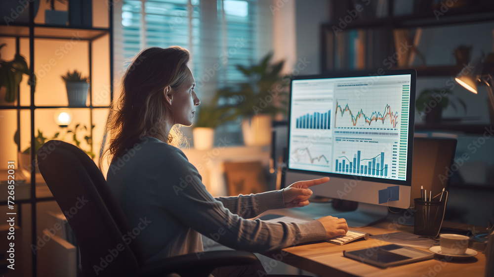 Poster side view of a businesswoman analyzing data analytics on a desktop computer in a warm and inviting h