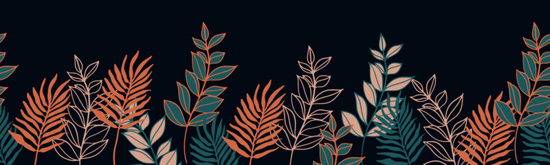 A decorative border of branches is highlighted on a white background. A pattern of leaves. Vector illustration. For nature, eco and design. Hand-drawn plants, a frame for a postcard.