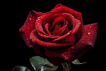 Elegant Dew-Kissed Red Rose on a Dark Background. Symbol of Love and Romance Concept