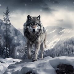 Lone wolf in a snowy wilderness. 
