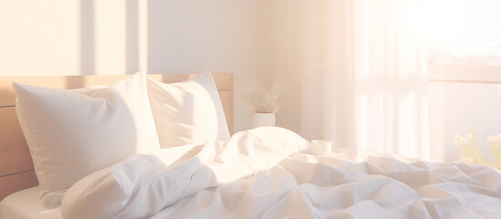 Fototapeta na wymiar Bright and Airy Bedroom with Soft White Bedding and Sheer Curtains. Cozy Home Interior Concept