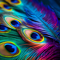 Close-up of a peacock feather with vibrant colors.