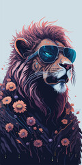 A playful and imaginative t-shirt design that captures the essence of the fantasy world, featuring a trendy and stylish lion surrounded by a flora bursting with color and magic.