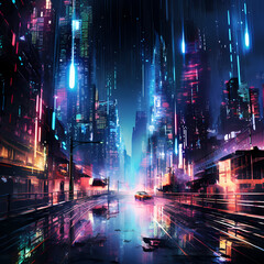 Digital rain falling on a city made of neon lights 