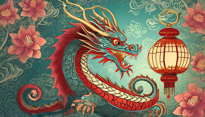 Obraz premium dragon zodiac sign with flower, lantern, Asian elements on a nice background for Chinese new year