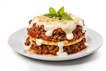 Lasagne beef burger isolated on white background. Piece of lasagna with bolognese sauce on plate. Italian cuisine