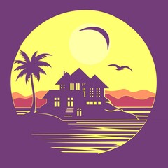 vacation concept, silhouette at home and on the beach with palm trees, abstract art © Andrei