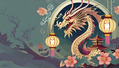 dragon zodiac sign with flower, lantern, Asian elements on a nice background for Chinese new year