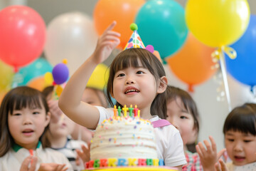 Fototapeta na wymiar A group of Asian children celebrating a birthday with cake.