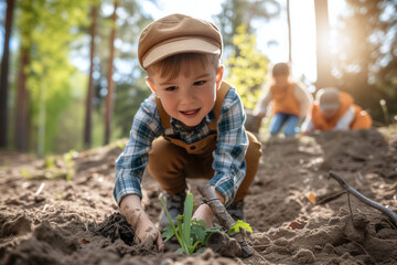 A child planting a small plant in the forest. concept of ecology