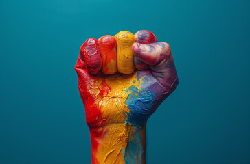 A raised fist painted with the pride rainbow on a colored background. - obrazy, fototapety, plakaty