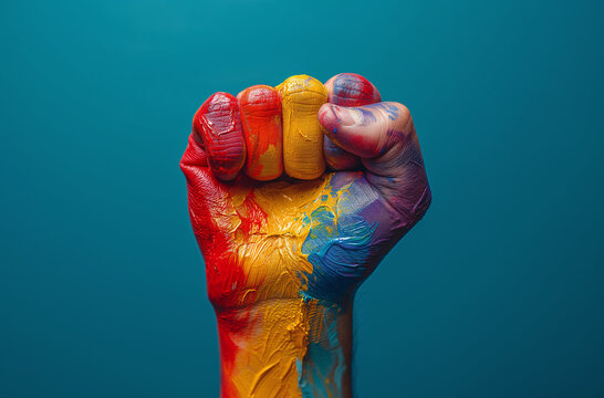 A raised fist painted with the pride rainbow on a colored background.