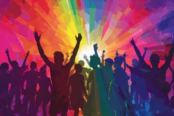 Crowd of silhouettes of people at a disco party. Illustration of nightlife.