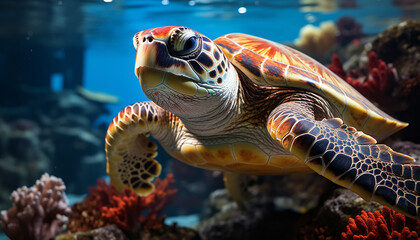 Naklejka na ściany i meble A beautiful sea turtle swimming in the colorful underwater reef generated by AI