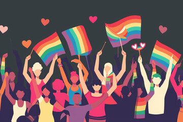 A flat illustration of people celebrating Pride month