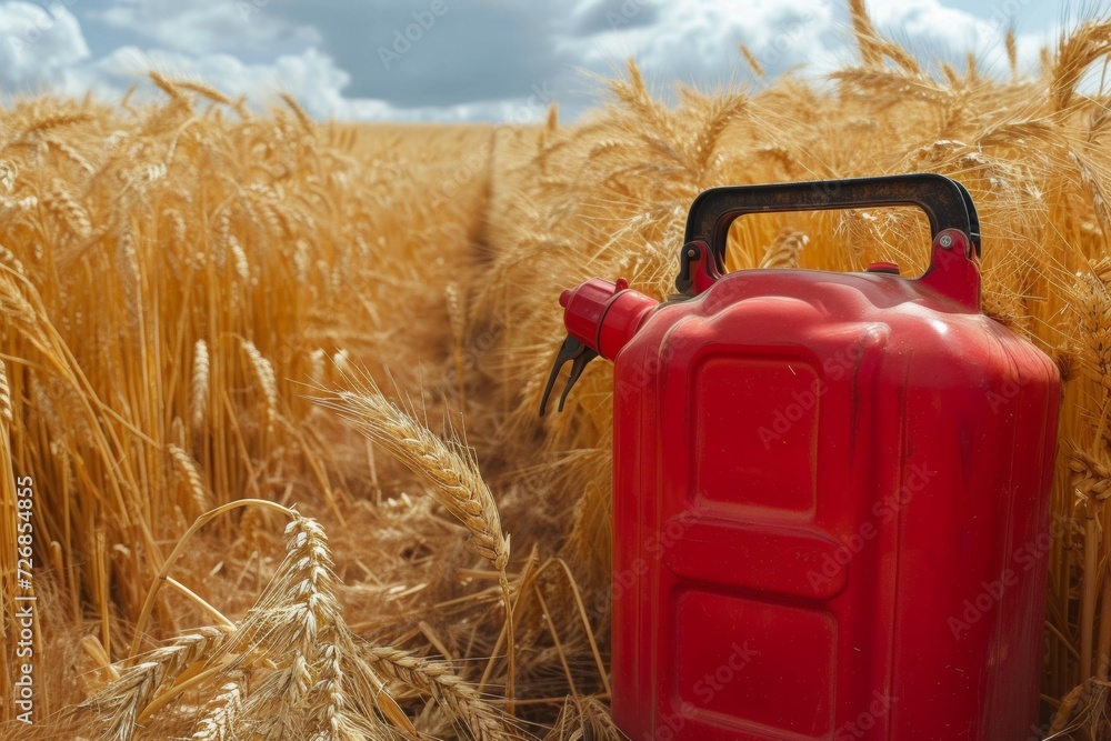 Poster fuel canister in a wheat field. background with selective focus and copy space