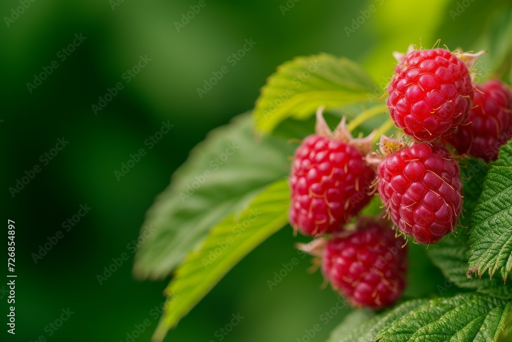 Poster raspberry harvest. background with selective focus and copy space