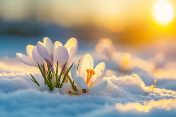 The first flowers under the snow in early spring. Background with selective focus and copy space