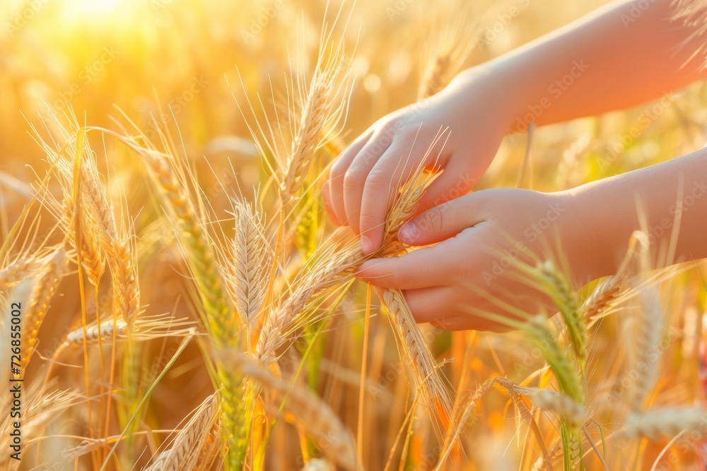 Poster children's hands in wheat. background with selective focus and copy space