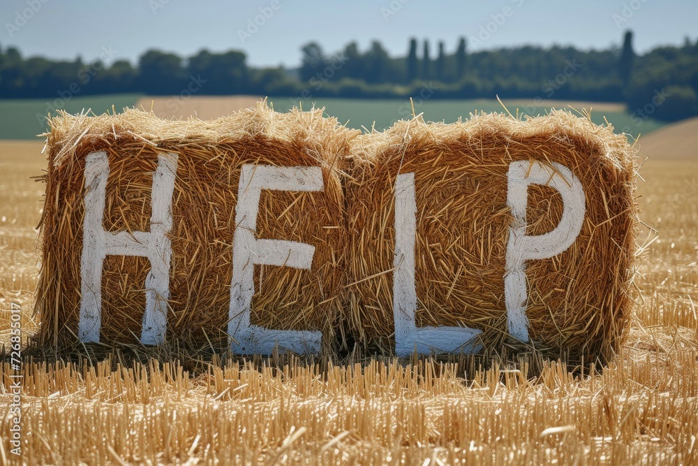Poster the word help in the hay. background with selective focus and copy space