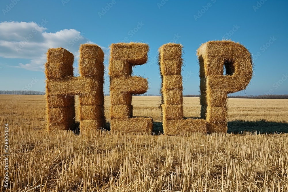 Poster word help from the hay. background with selective focus and copy space