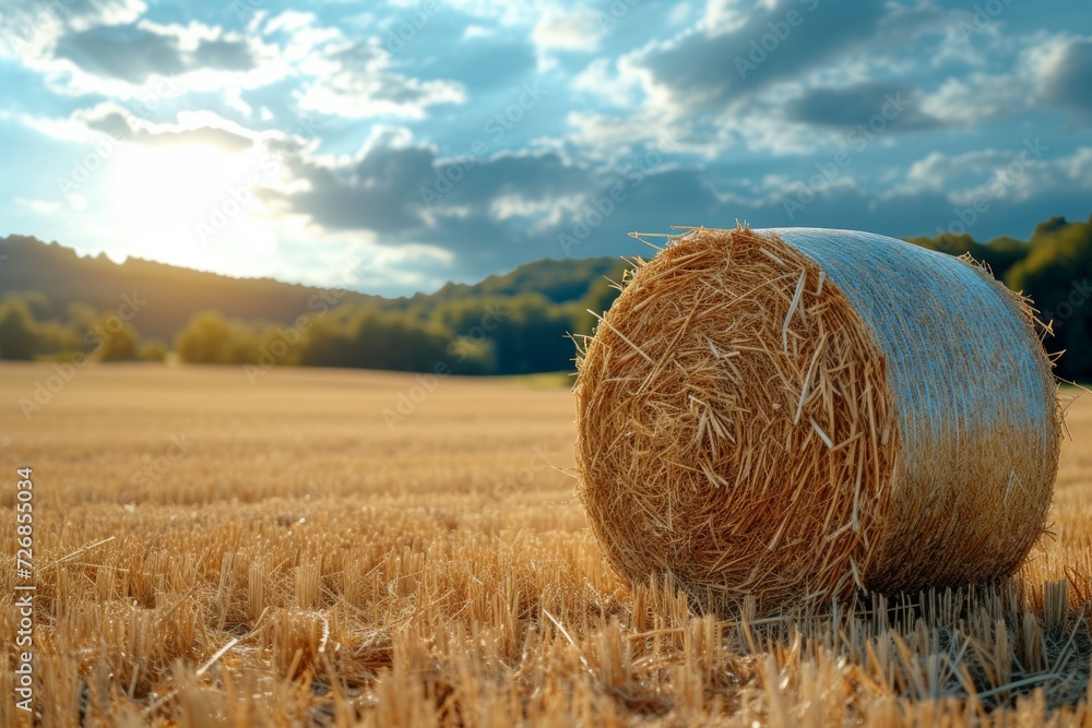 Poster hay is rolled into a cylindrical sheaf. background with selective focus and copy space