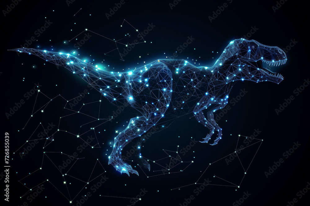 Poster dinosaur hologram made from digital dots. background with selective focus and copy space
