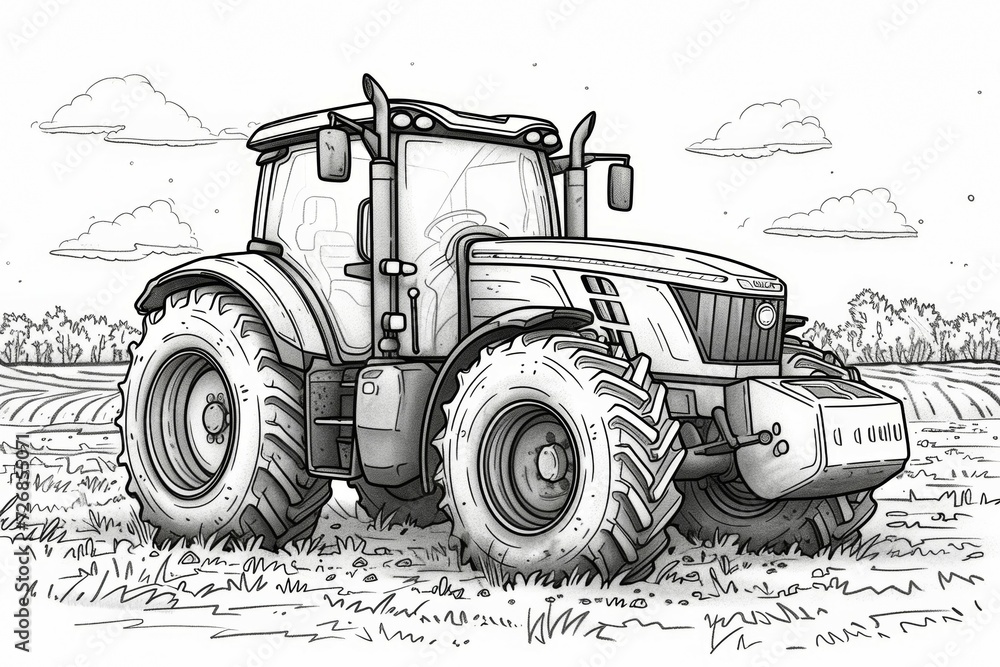 Poster tractor sketch. background with selective focus and copy space