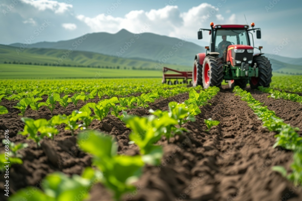 Aufkleber agricultural field with tractor in out of focus. background with selective focus and copy space