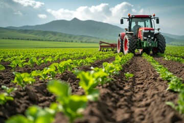 Agricultural field with tractor in out of focus. Background with selective focus and copy space