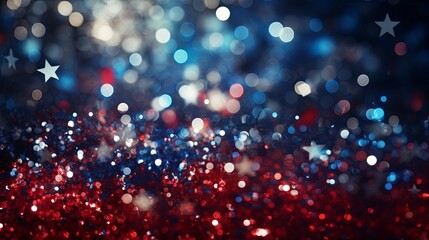 Abstract red white blue glitter star sparkle lights bokeh background. 4th of July USA Independence Day. for artwork graphic design. copy text space.