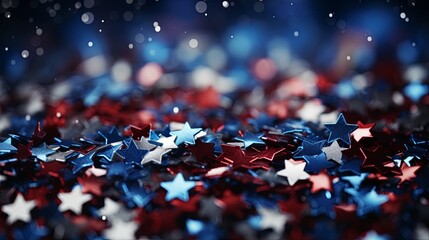 Obraz premium Abstract red white blue glitter stars sparkle lights bokeh background. 4th of July USA Independence Day. for artwork graphic design. copy text space.
