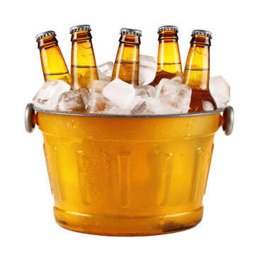 Cold bottles of beer in bucket with ice on transparency background PNG