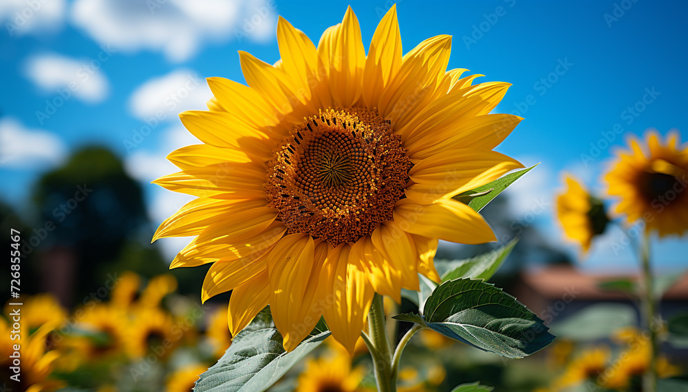 Poster Vibrant sunflower blossoms brighten the meadow, nature cheerful beauty generated by AI