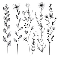 set of black and white flowers - obrazy, fototapety, plakaty