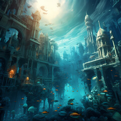 Surreal underwater city with marine life.