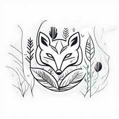 line art logo of a fox with plants, masculine spirit, sporty, adventurer, minimalist and clean lines, thick lines, white background