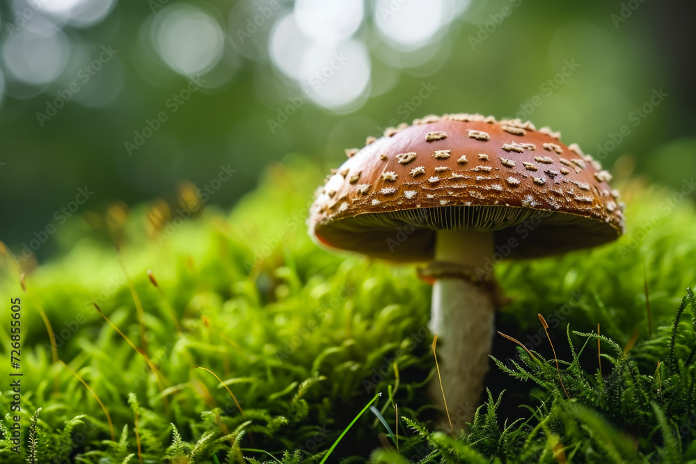 Poster fly agaric in the forest. background with selective focus and copy space